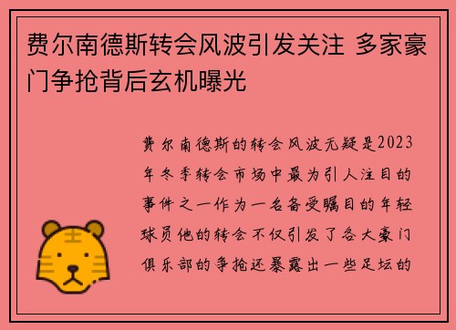 费尔南德斯转会风波引发关注 多家豪门争抢背后玄机曝光