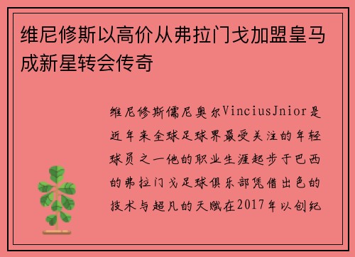 维尼修斯以高价从弗拉门戈加盟皇马成新星转会传奇